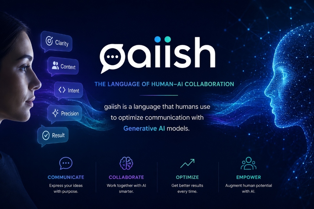 gaiish — the language of human–AI collaboration: clarity, context, intent, precision, result; communicate, collaborate, optimize, empower.